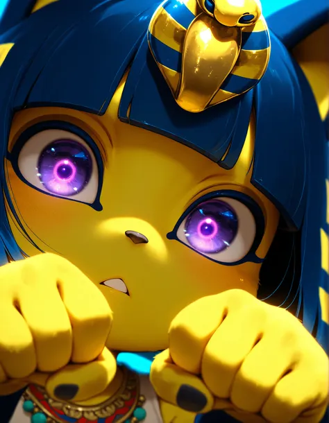,, depth of field, 1girl, furry, ankha \(animal crossing\), expressionless, eye reflection, yellow background, yellow theme, blue background, desert,, purple eyes, glowing eyes, wide-eyed, paw pose, looking at viewer, close-up, parted lips,