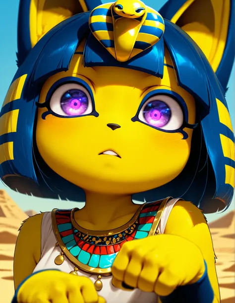 ,, depth of field, 1girl, furry, ankha \(animal crossing\), expressionless, eye reflection, yellow background, yellow theme, blue background, desert,, purple eyes, glowing eyes, wide-eyed, paw pose, looking at viewer, close-up, parted lips,