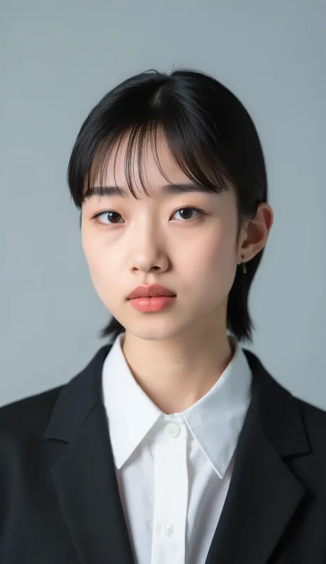 Passport photo of a neat young woman、facing directly、camera list、office lady suit、jacket、shirt、、、ear piercings、前髪あり、、、無表情、、、has closed its mouth、face close-up、grey background
