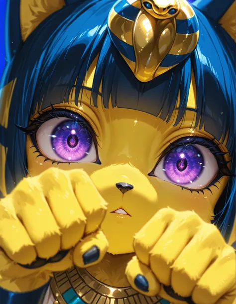 4ur4_illu,shiny,, depth of field, 1girl, furry, ankha \(animal crossing\), expressionless, eye reflection, yellow background, yellow theme, blue background, desert,, purple eyes, glowing eyes, wide-eyed, paw pose, looking at viewer, close-up, parted lips,