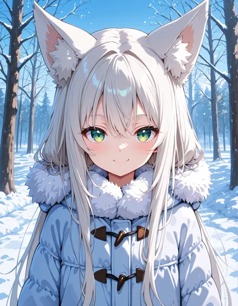 4ur4_illu,shiny,, anime, solo, BREAK, young fox girl, skinny and frail, (petite,cute:0.5), green eyes, looking at viewer, long hair, white hair, smile, winter clothes, outdoors, winte