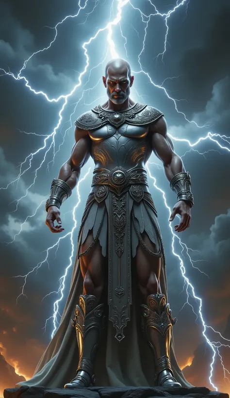 General,highres, ultra-detailed, best quality, Zeus, lightning background, shining silver amor, skinny, bald hair, imperial moustache, sandal
