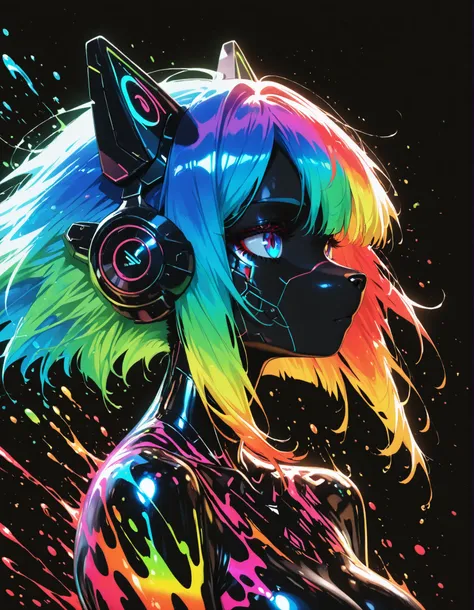 addmicrodetails,, furry girl, anthro, facing sideways, elegant pose, silhouette body, (glossy black fur), (neon outlines), (flat lighting), exploding fractals, liquid neon paint, splash effect, rainbow iridescent hair, gradient glow, (triadic colors), (spo...