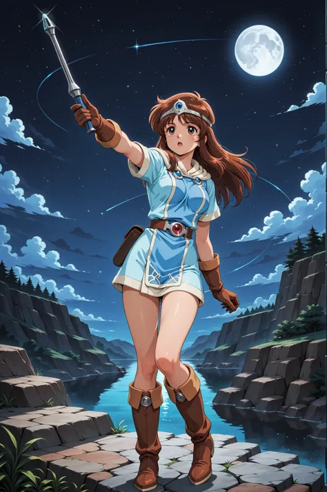 1girl, Ki from Tower of Druaga, long brown hair, brown eyes, wearing a short pale blue tunic, tan brown glove, belt, very brown hide boots, silver circlet, holding a small rod with a blue crystal tip, reaching up towards the moon, seen from behind, outdoor...