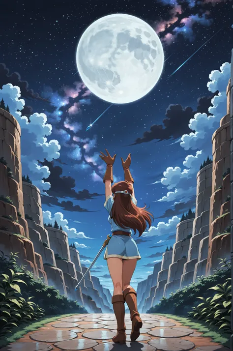 1girl, Ki from Tower of Druaga, long brown hair, brown eyes, wearing a short pale blue tunic, tan brown glove, belt, very brown hide boots, silver circlet, holding a small rod with a blue crystal tip, reaching up towards the moon, seen from behind rear vie...