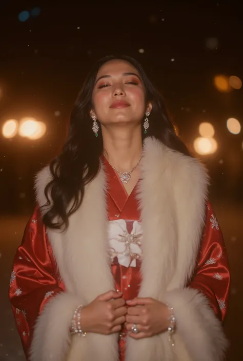 A dreamy, glamorous Y2K-style flash portrait photography of a naturally tanned woman as a self-portrait of “me”. She has flawlessly matte skin and long, voluminous dark brown hair in loose curls, falling freely down her back. Her makeup is natural yet glam...