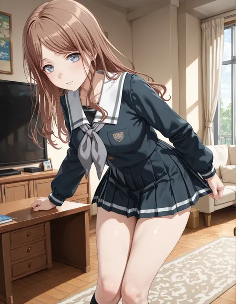 (1girl, solo:1.3), masterpiece, best quality, amazing quality, detailed background, living room background, 1girl, looking at viewer, (( nagasaki soyo, 1girl, solo, school uniform, serafuku, long sleeves, pleated skirt, standing, white sailor collar, grey ...