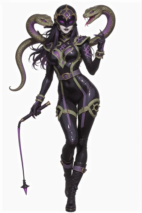 Kaijin Girl. Full-face helmet. Helmet with snake Fang. Spiky decorations.Black lips. Snake motif. Glossy. Black bodysuit. Green decoration. High-heeled boots. Purple glow. Holding a whip in hand. Sharp nail. Snake tail on head. White background.
