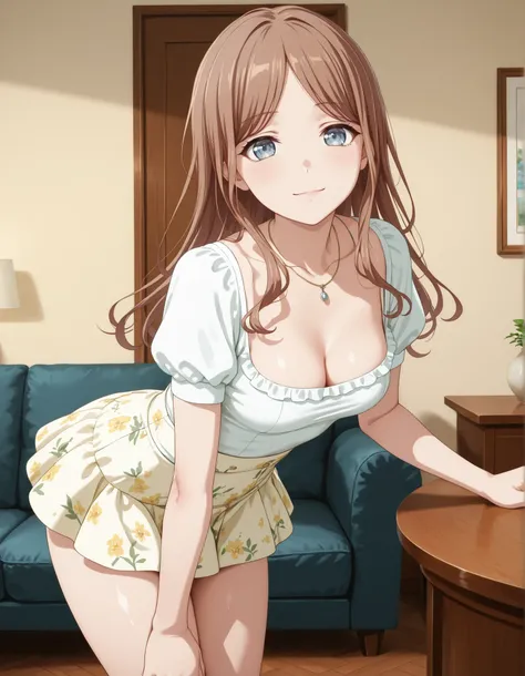 ((from side)), ((leaning forward)), masterpiece, best quality, amazing quality, detailed background, living room background,, background, nagasaki soyo, 1girl, solo,, puffy short sleeves , floral print skirt , white shirt , cleavage , necklace , light yell...