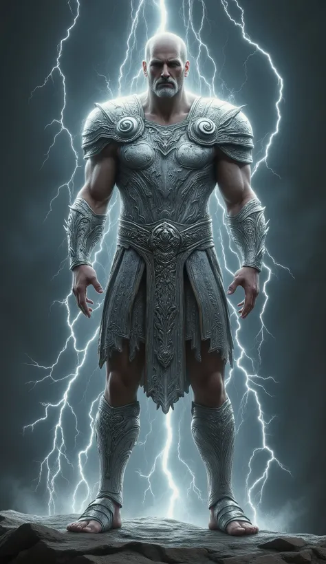 Zeus, lightning background, shining silver amor, skinny, slightlty baldness, moustache, sandal