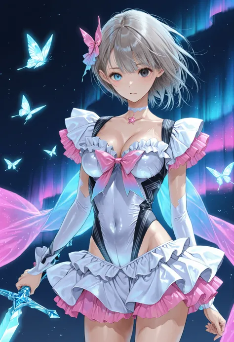 （（（ＳＦＷ、Highest quality、A first-class masterpiece、normal body 、32K、detailed faces、Ultra High Accuracy、Normal hand、Highest）））、Hinako Shirai/Shirai Hinako、Beautiful girl、medium hair、 Silver Hair、Heterochromia（Blue pupil、Black Eyes）、Slim、slender、Short Height、 ...