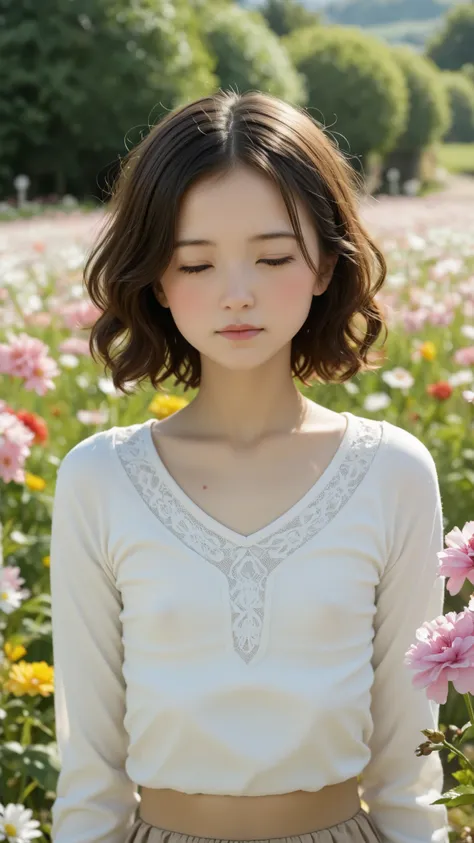 (masterpiece, top quality:1.2), japanese、ONE GIRL, 12 years old, cute, No expression, Alone, small nose, Red cheeks and nose, 非常にcute表情, Short Bob,Wavy hair under nails、 flat chest with lava on the body、whiteＴshirt、Blurry Background、garden、Promenade、field ...