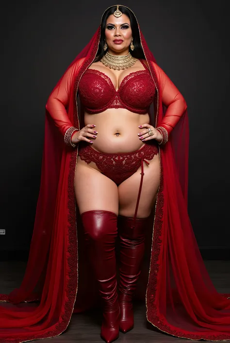 full body photoshoot .huge nose pin . full body closeup bridal photoshoot. A chubby thick mature indian bride standing posing  . old. wearing knee high blood red leather detailed patterned pencil very high heels boots . standing legs wide apart open and bl...