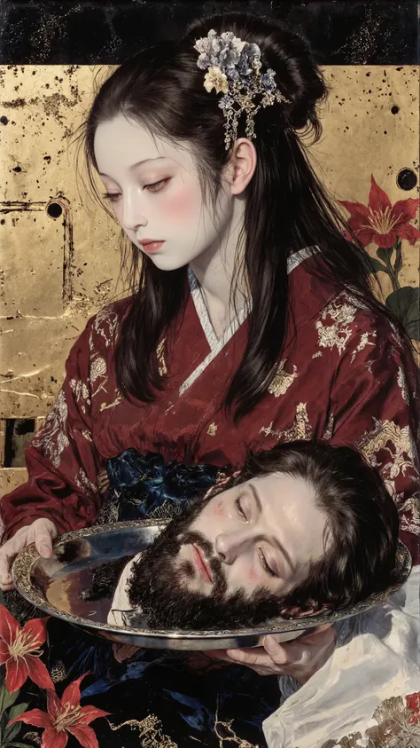 A painting depicting a profile angle, focusing on the side view, rendered in a style blending Renaissance and Japanese painting techniques. Inspired by Salome holding the head of John the Baptist. The woman possesses translucent white skin and delicate fea...