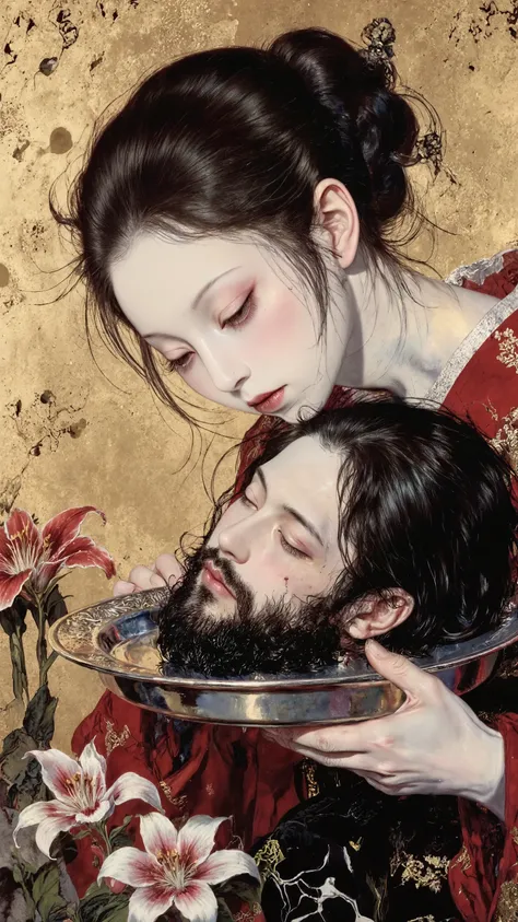 A painting depicting a profile angle, focusing on the side view, rendered in a style blending Renaissance and Japanese painting techniques. Inspired by Salome holding the head of John the Baptist. The woman possesses translucent white skin and delicate fea...