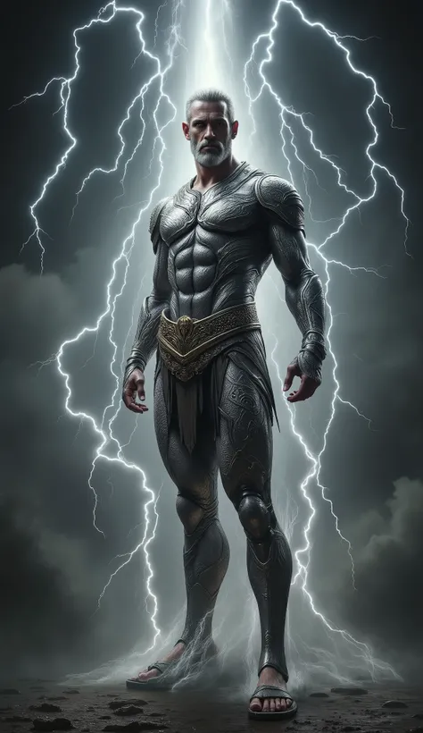 Zeus, lightning background, shining silver amor, skinny, slightlty baldness, moustache, sandal