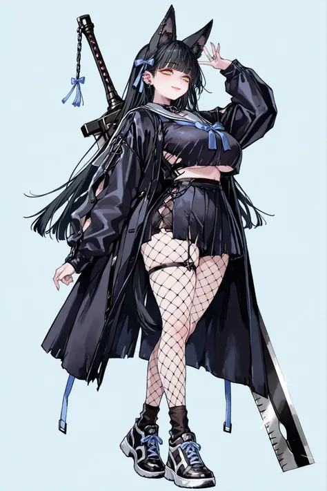 8k wallpaper、 top quality 、masterpiece, 748cm スThailandル 、black japanese school uniform top with fishnet top beneath, woman 1 person、ribbon、piercings and earrings on her ears, black ripped punk shorts、 cute black oversized coat with puffy sleav...