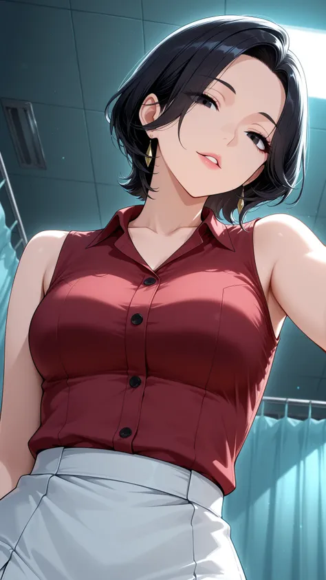 from below, upper body, close-up.
she's a lovely slutty mature, dark eyes.
wavy short hair, Bang.
glamorous body, Medium Breasts, it exudes a lustful aura.
she wears a red shirt with a collar, sleeveless.
shiny red shirt.
Infirmary at night.
and sensual, c...