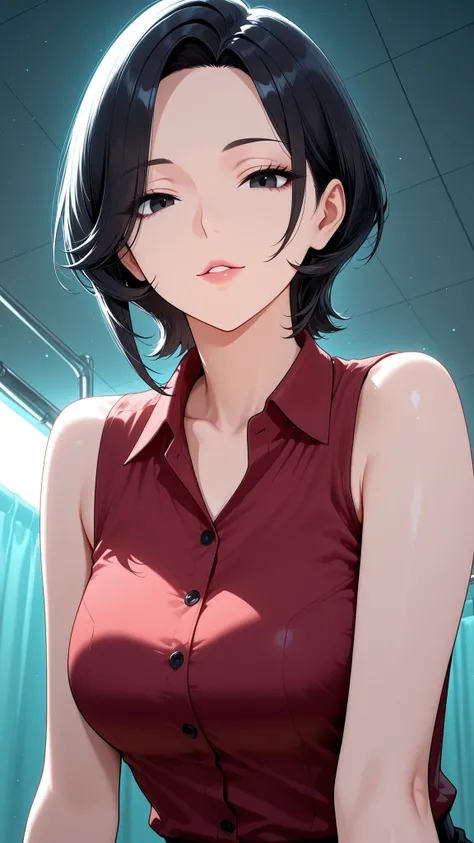 from below, upper body, close-up.
she's a lovely slutty mature, dark eyes.
wavy short hair, Bang.
glamorous body, Medium Breasts, it exudes a lustful aura.
she wears a red shirt with a collar, sleeveless.
shiny red shirt.
Infirmary at night.
and sensual, c...