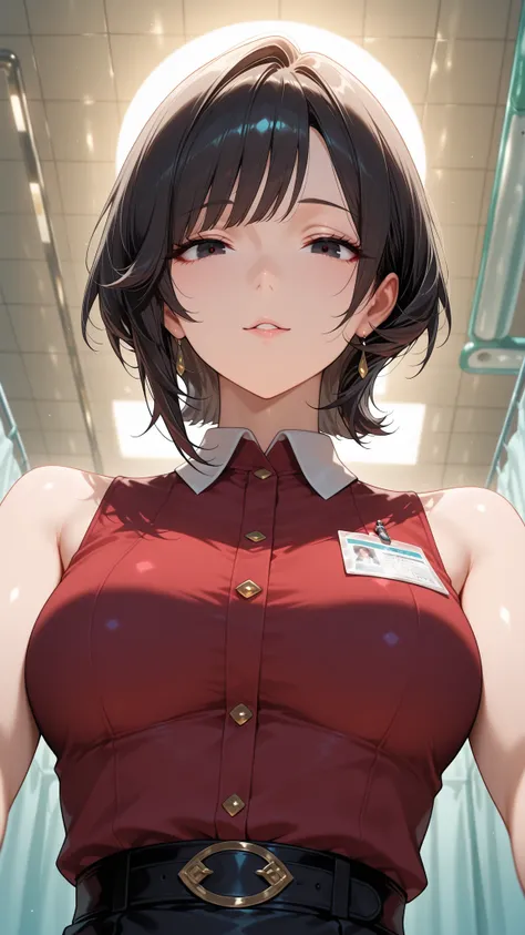 from below, upper body, close-up.
she's a lovely slutty mature, dark eyes.
wavy short hair, Bang.
glamorous body, Medium Breasts, it exudes a lustful aura.
she wears a red shirt with a collar, sleeveless.
shiny red shirt.
Infirmary at night.
and sensual, c...