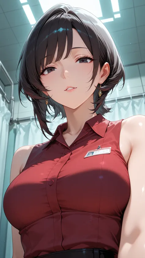 from below, upper body, close-up.
she's a lovely slutty mature, dark eyes.
wavy short hair, Bang.
glamorous body, Medium Breasts, it exudes a lustful aura.
she wears a red shirt with a collar, sleeveless.
shiny red shirt.
Infirmary at night.
and sensual, c...