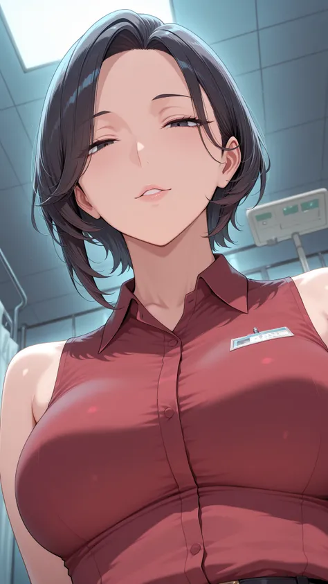 from below, upper body, close-up.
she's a lovely slutty mature, dark eyes.
wavy short hair, Bang.
glamorous body, Medium Breasts, it exudes a lustful aura.
she wears a red shirt with a collar, sleeveless.
shiny red shirt.
Infirmary at night.
and sensual, c...