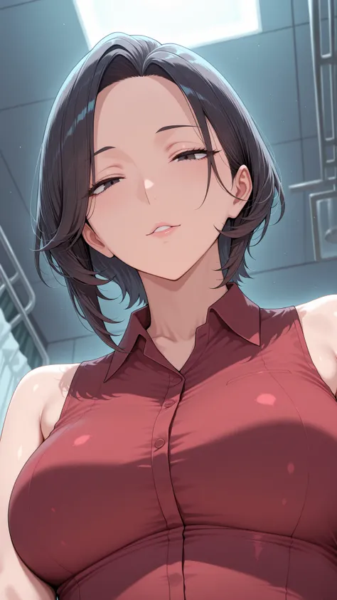 from below, upper body, close-up.
she's a lovely slutty mature, dark eyes.
wavy short hair, Bang.
glamorous body, Medium Breasts, it exudes a lustful aura.
she wears a red shirt with a collar, sleeveless.
shiny red shirt.
Infirmary at night.
and sensual, c...