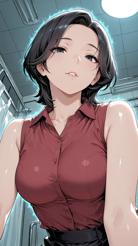 from below, upper body, close-up.
she's a lovely slutty mature, dark eyes.
wavy short hair, Bang.
glamorous body, Medium Breasts, it exudes a lustful aura.
she wears a red shirt with a collar, sleeveless.
shiny red shirt.
Infirmary at night.
and sensual, c...