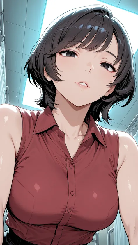 from below, upper body, close-up.
she's a lovely slutty mature, dark eyes.
wavy short hair, Bang.
glamorous body, Medium Breasts, it exudes a lustful aura.
she wears a red shirt with a collar, sleeveless.
shiny red shirt.
Infirmary at night.
and sensual, c...