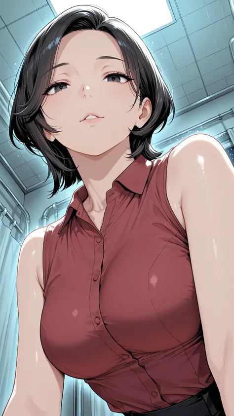 from below, upper body, close-up.
she's a lovely slutty mature, dark eyes.
wavy short hair, Bang.
glamorous body, Medium Breasts, it exudes a lustful aura.
she wears a red shirt with a collar, sleeveless.
shiny red shirt.
Infirmary at night.
and sensual, c...