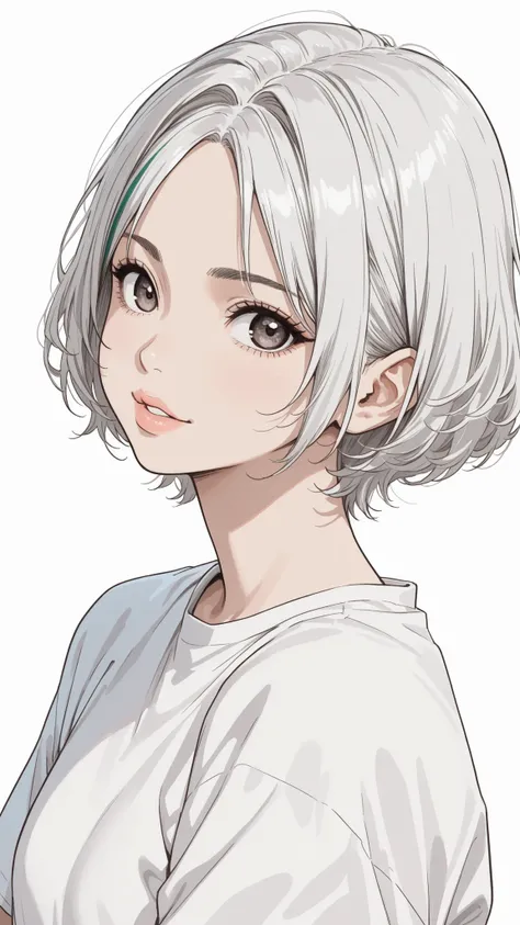 side views,solo,girl,White Frizzy + Spiky+ Wavy short hair,flat bangs,white striped gray hair,Tees,Natural Cosmetics,adults with cute faces ,full lips,(Line art),sketch,slam dunk style,mono ,(viewers:1.3),white background,manga style