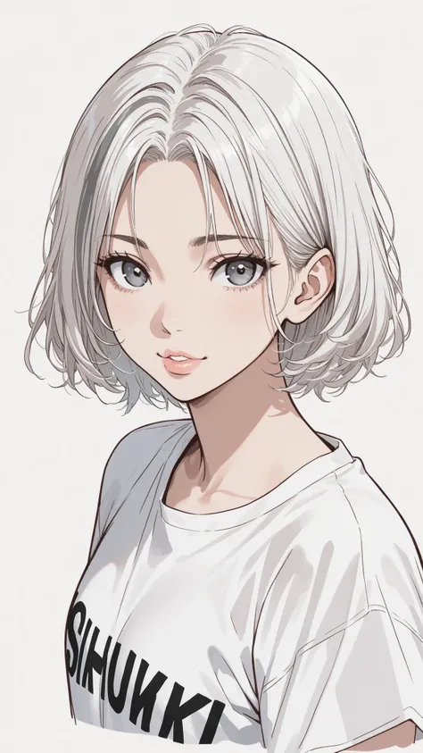 side views,solo,girl,White Frizzy + Spiky+ Wavy short hair,flat bangs,white striped gray hair,Tees,Natural Cosmetics,adults with cute faces ,full lips,(Line art),sketch,slam dunk style,mono ,(viewers:1.3),white background,manga style