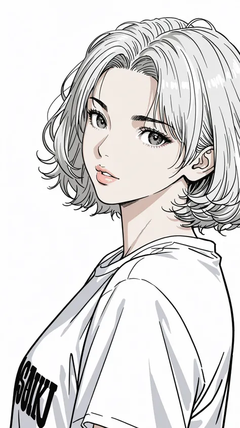 side views,solo,girl,White Frizzy + Spiky+ Wavy short hair,flat bangs,white striped gray hair,Tees,Natural Cosmetics,adults with cute faces ,full lips,(Line art),sketch,slam dunk style,mono ,(viewers:1.3),white background,manga style