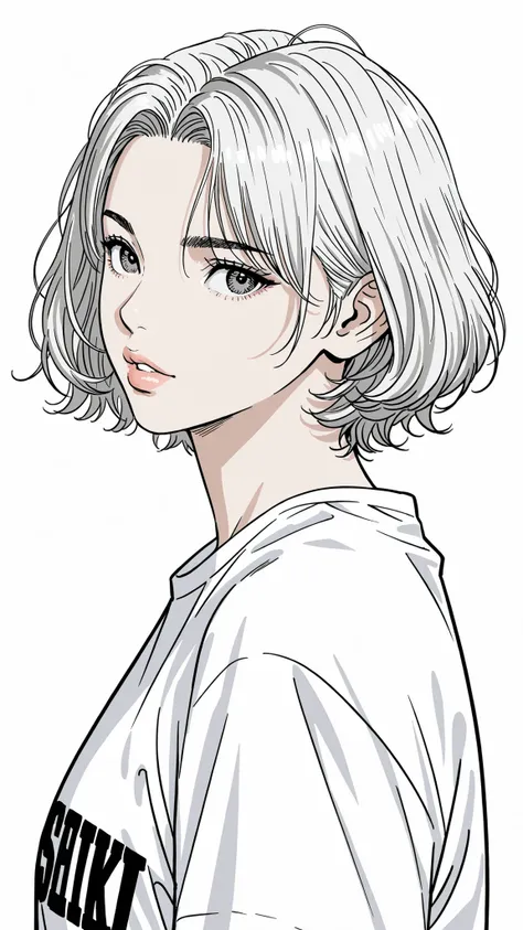 side views,solo,girl,White Frizzy + Spiky+ Wavy short hair,flat bangs,white striped gray hair,Tees,Natural Cosmetics,adults with cute faces ,full lips,(Line art),sketch,slam dunk style,mono ,(viewers:1.3),white background,manga style
