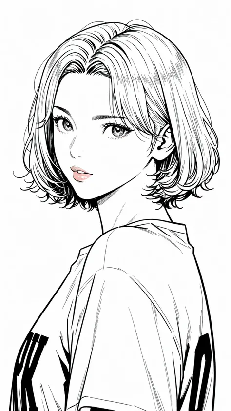 side views,solo,girl,White Frizzy + Spiky+ Wavy short hair,flat bangs,white striped gray hair,Tees,Natural Cosmetics,adults with cute faces ,full lips,(Line art),sketch,slam dunk style,mono ,(viewers:1.3),white background,manga style