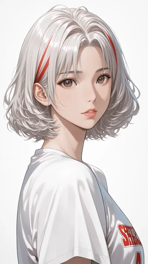 side views,solo,girl,White Frizzy + Spiky+ Wavy short hair,flat bangs,white striped gray hair,Tees,Natural Cosmetics,adults with cute faces ,full lips,(Line art),sketch,slam dunk style,mono ,(viewers:1.3),white background,manga style