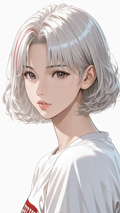 side views,solo,girl,White Frizzy + Spiky+ Wavy short hair,flat bangs,white striped gray hair,Tees,Natural Cosmetics,adults with cute faces ,full lips,(Line art),sketch,slam dunk style,mono ,(viewers:1.3),white background,manga style