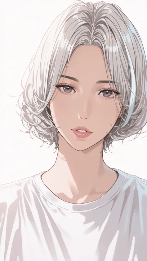 side views,solo,girl,White Frizzy + Spiky+ Wavy short hair,flat bangs,white striped gray hair,Tees,Natural Cosmetics,adults with cute faces ,full lips,(Line art),sketch,slam dunk style,mono ,(viewers:1.3),white background,manga style