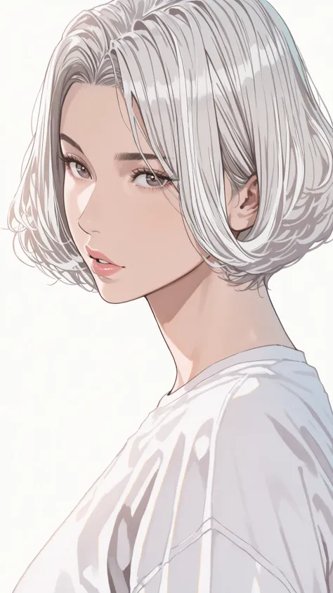side views,solo,girl,White Frizzy + Spiky+ Wavy short hair,flat bangs,white striped gray hair,Tees,Natural Cosmetics,adults with cute faces ,full lips,(Line art),sketch,slam dunk style,mono ,(viewers:1.3),white background,manga style