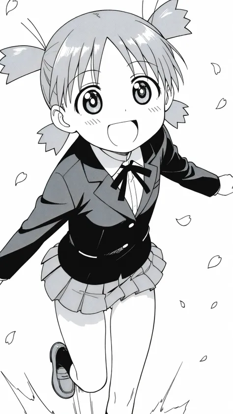 ((from above)),((dramatic angle)),((face focus)),((anime syale)),score_9, score_8_up, score_7_up, source_anime,1woman , monochrome , koiwai yotsuba , quad tails ,round eyes, (white background),(((solo))),((((pleats mini skirt)))),(A glimpse of her thighs),...