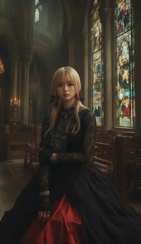 (((Beautiful Women)))、(((japanese:1.3)))、(((A live-action adaptation of Misa Amanemisa from the manga Death Note:1.3)))、(((She has a black notebook from an old book、The letters “DEATH NOTE” are written in Cutthroat font on that notebook、Focus on the action...