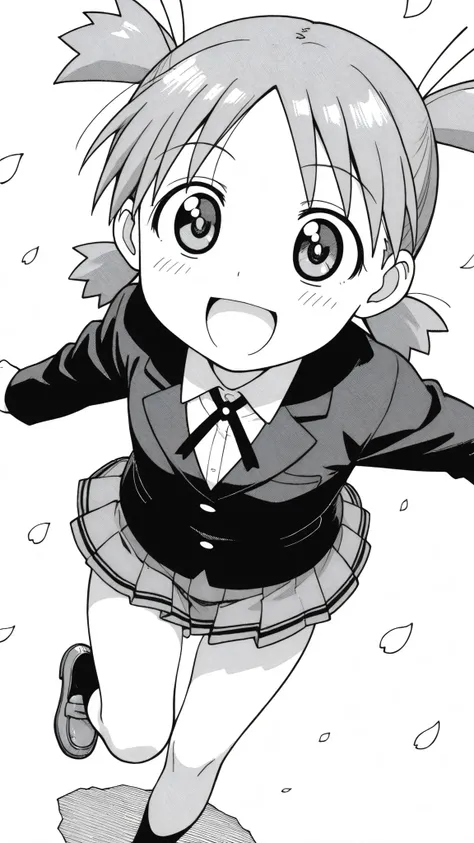 ((from above)),((dramatic angle)),((face focus)),((anime syale)),score_9, score_8_up, score_7_up, source_anime,1woman , monochrome , koiwai yotsuba , quad tails ,round eyes, (white background),(((solo))),((((pleats mini skirt)))),(A glimpse of her thighs),...