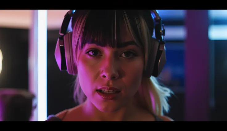 (((A attractive girl black hair with blonde highlights with phtalo green eye))) (attractive young woman:1.3), (sweet & shy), (Thick lips:0 . 9), singing passionately into a studio microphone, wearing studio headphones, ((Modern music studio background)), (...