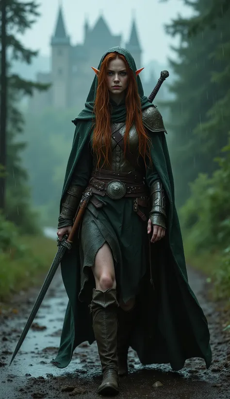 Photorealistic candid shot of a fierce young elven ranger woman walking toward the viewer along muddy forest road in heavy pouring rain, captured in dynamic three-quarter view from front-side angle like accidental paparazzi photo, (she is slightly turned t...