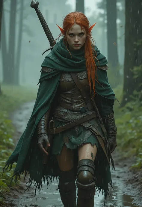 Photorealistic candid shot of a fierce young elven ranger woman walking toward the viewer along muddy forest road in heavy pouring rain, captured in dynamic three-quarter view from front-side angle like accidental paparazzi photo, (she is slightly turned t...