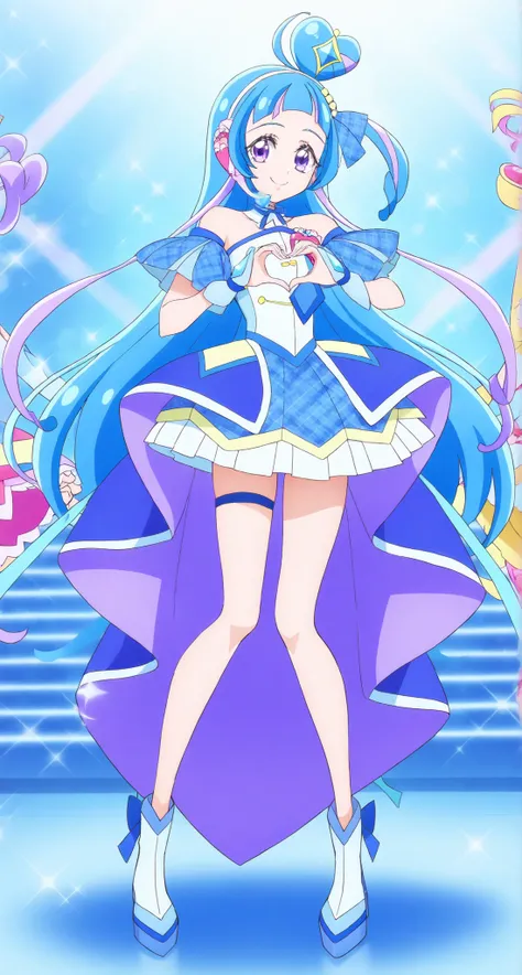 cure wink, kimi to idol precure, blue hair, magical girl, mini crown, purple eyes, blue dress, tilted headwear, very long hair, blunt bangs, bare shoulders, hairband, two-tone hair, purple hair, jewelry, idol clothes, idol, masterpiece, best quality, newes...
