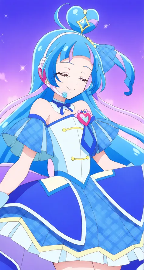 cure wink, kimi to idol precure, blue hair, magical girl, mini crown, purple eyes, blue dress, tilted headwear, very long hair, blunt bangs, bare shoulders, hairband, two-tone hair, purple hair, jewelry, idol clothes, masterpiece, best quality, newest, abs...