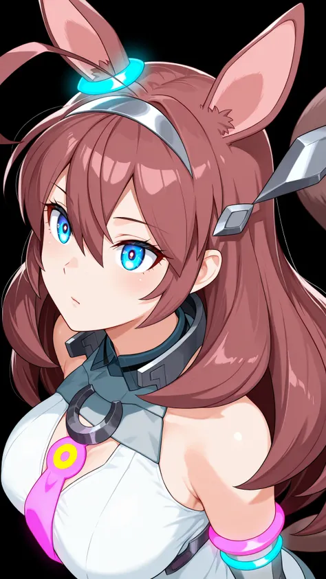 alone, 1 girl, Source Anime, Mihono Bourbon, long hair, dark brown hair, Blue Eye, Have ears, has a tail , Big Boobs, Put on a gray sleeveless shirt, put on jewelry, face up, Glowing eyes and jewelry, The point where light falls on the face, Black backgr...