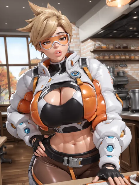 owtracer, le sserafim tracer, 1 girl, solo, blonde hair, spiky hair, orange glasses, earrings, crop top, cleavage cutout, puffy jacket, cropped jacket, leggings, 1girl, gigantic breasts, wide hips, gigantic thighs, narrow waist, abs, masterpiece, best qual...
