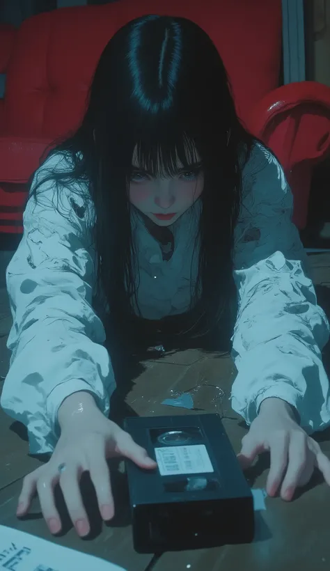 depicts a woman crawling on a wooden floor, it evokes a sense of urgency and hopelessness. She is long, with straight black hair on her face It hides much of, on Ajuro , Mysterious Sound. her hands are stretched forward, stretching toward a black VHS tape...